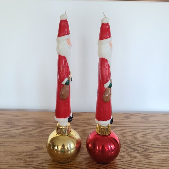 Two Vintage Santa Claus Character Candles In Christmas Ornament Candle Holders - Picture 5 of 10
